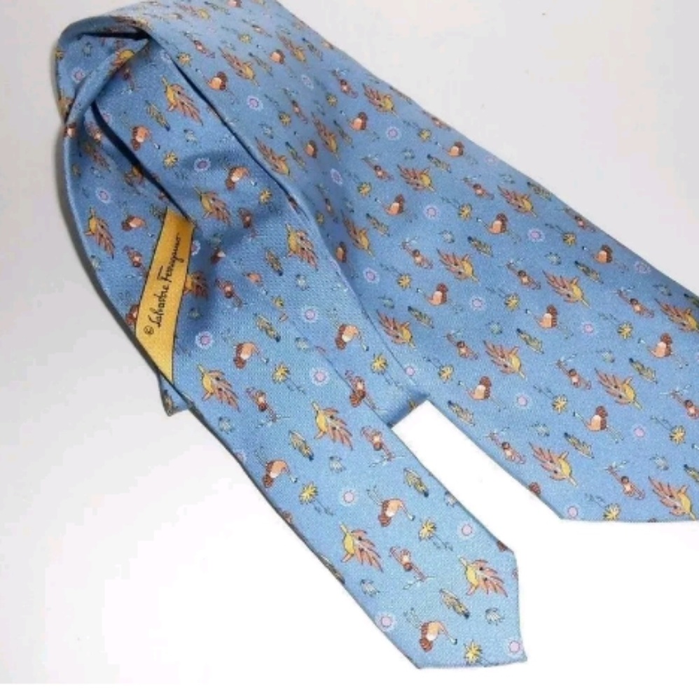 Salvatore Ferragamo Blue Yellow Silk Tie Birds